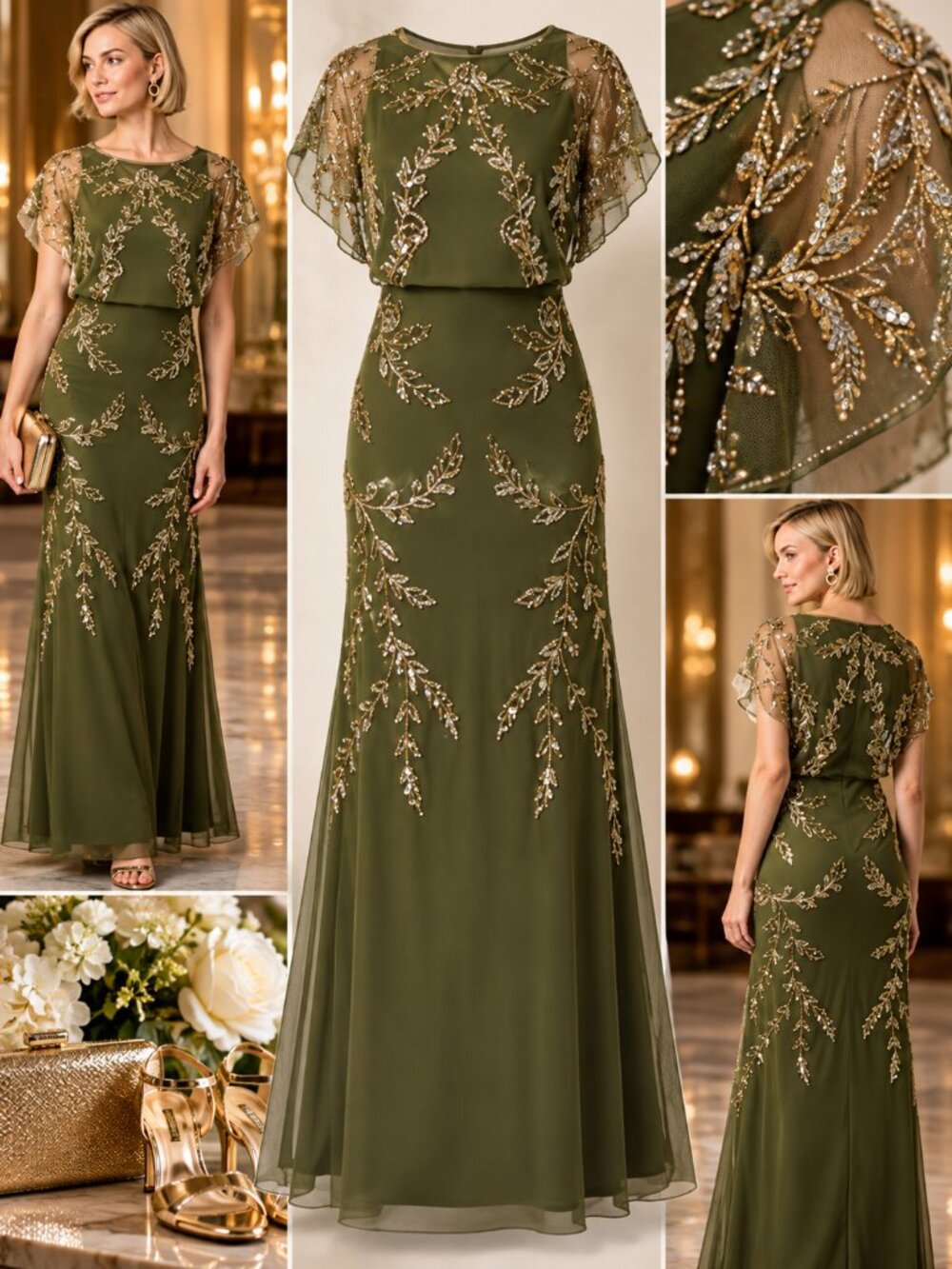 Adrianna Papell Olive Gold Beaded Flutter Sleeve Long Evening Gown 14 NWT